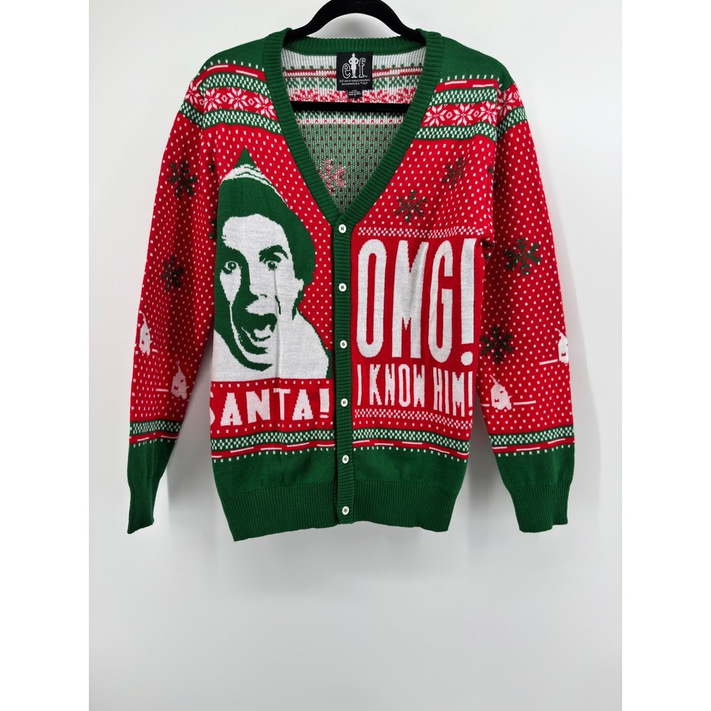 Elf Movie Buddy The Elf Santa I Know Him Christmas Cardigan Sweater Red Green S